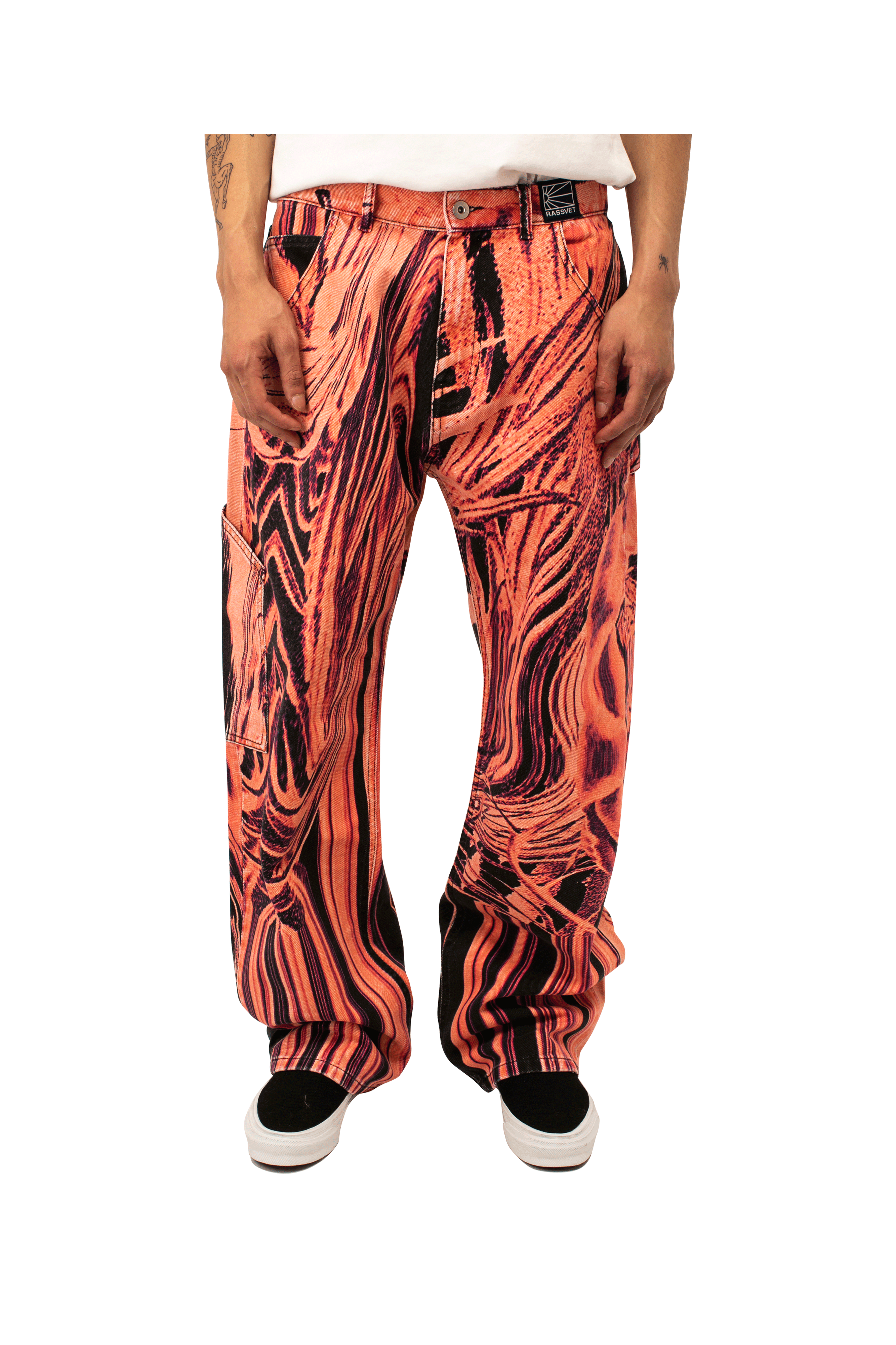 Flower Print Single Knee Baggy Denim Trousers