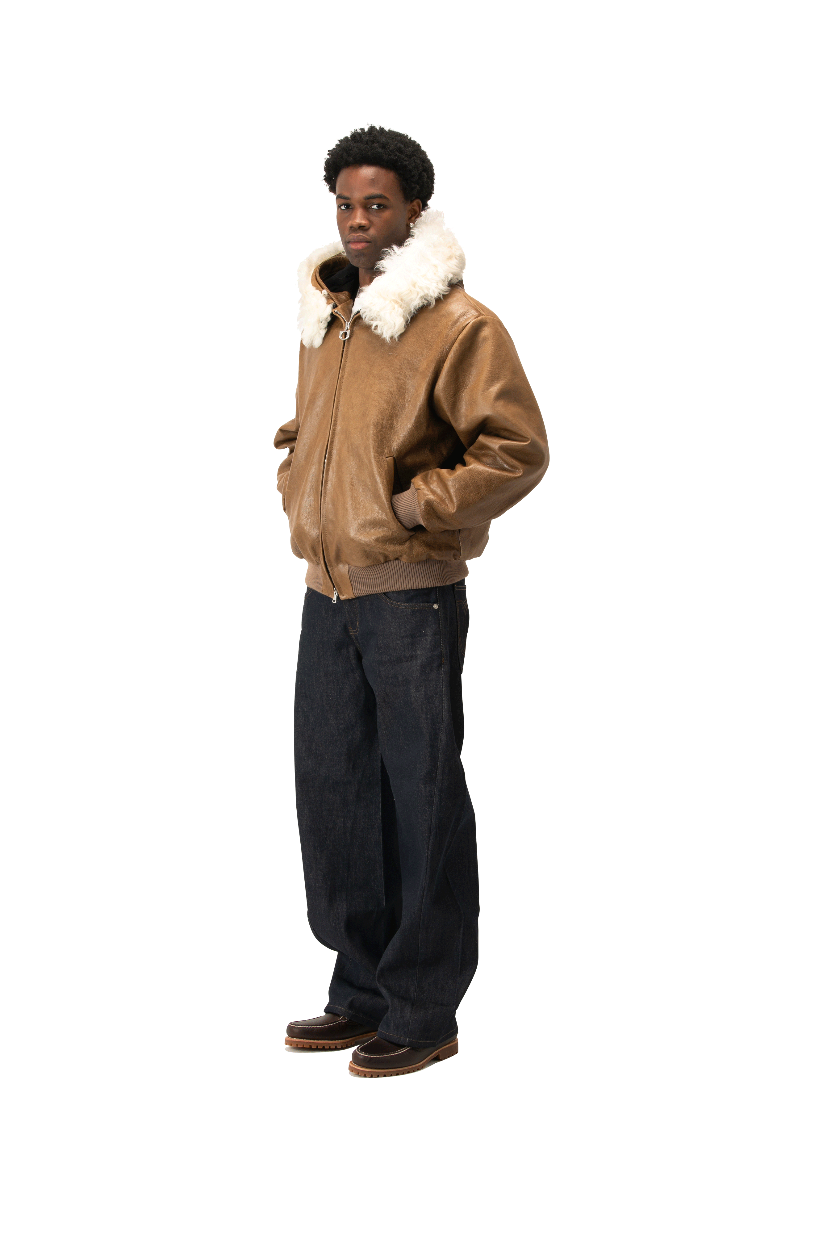 Pull-Up Leather Zip-Up Padded Hoodie