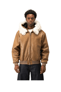 Pull-Up Leather Zip-Up Padded Hoodie